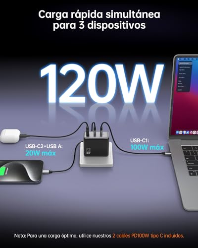 NOVOO 120W USB C Charger with 1 PD 100W Type C Cable, Compact 3-Port GAN III PPS Wall Charger, for MacBook Pro 14", DELL XPS 13, iPad Pro, iPhone 15, Galaxy S23, Note 20, Apple Watch
