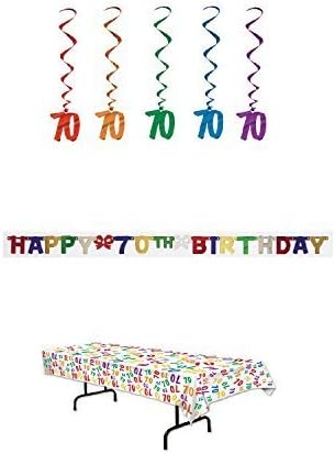 70Th Birthday Party Decoration Kit: Bundle Includes Banner, Table Cover, And Whirls