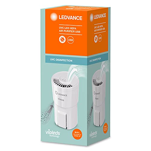 Ledvance UVC HEPA Air Purifier, Luftreiniger mit voller UV-C Power zur Desinfektion der Luft von Viren und Bakterien und fuer ein angenehmes Raumklima, mobil und ueberall verwendbar ueber USB-Kabel, weiss, basisgeraet, 4058075555303