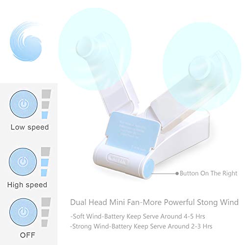 Dual Head Mini Portable Fan USB, Handheld Personal Fan, Small Pocket Foldable Desk Fan for Home Office Traveling Or Hiking, Lithium Battery Operated Rechargeable Patented Degisn, Blue White. - Thumbnail 4