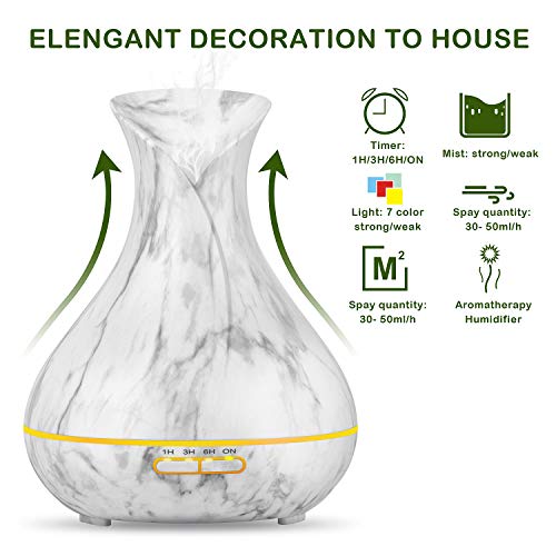 OliveTech Essential Oil Diffuser,400ml Ultrasonic Aroma Humidifier,Free Cleaning Kit,7 Color LED Lights,Auto Shut Off - White Marble - Thumbnail 2