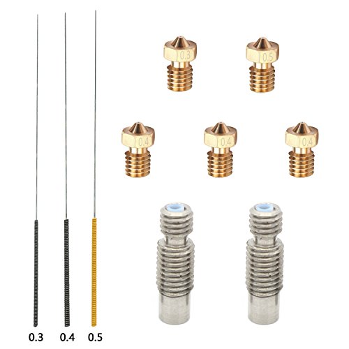 Kweiny 3D Printer Extruder Accessories Brass Nozzle 5PCS( 0.3 0.4 0.5mm )| Throat with 1.75mm PTFE Tube 2PCS for Makerbot Parts | Stainless Needle for Nozzle Cleaning Tool Kit 3PCS( 0.3 0.4 0.5mm )