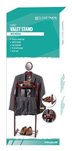 ClosetMate Executive Clothes Valet Stand - Beautiful Solid Hardwood Valet Clothing Hanging System with Mirror, Rack for Shoes, Tray for Cell phone and Keys, Great Gift