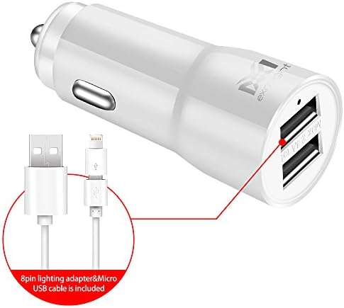 Car Charger, exmight Rapid Dual USB Car Charger+ 3ft MicroUSB Cable+ 8Pin Lighting Adapter for iPhone 8 7 / 6S / Plus 5S, iPad Pro / Air 2 / mini, Samsung Galaxy S7 S6 Edge / Note 5 4, LG, and More