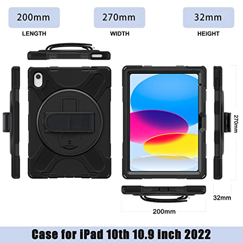 Gerutek Shockproof Case for iPad (A16) 11th/10th Generation (11/10.9 inch) 2025/2022, iPad 10th Case, Rugged Case with 360 Rotating Stand, Hand Strap and Shoulder Strap, Pen Holder, Black