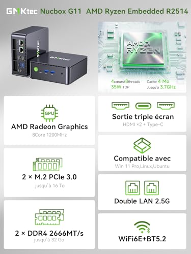GMKtec G11 Mini PC avec AMD Ryzen Embedded R2514, 3 Ans d'assistant, 4C/8T Jusqu’à 3,7 GHz (Beats 4300U), 16Go DDR4 256Go SSD PCIe 3.0, Dual LAN 2,5G/WiFi6E/Triple écran 4K, pour Bureau/NAS/routeur