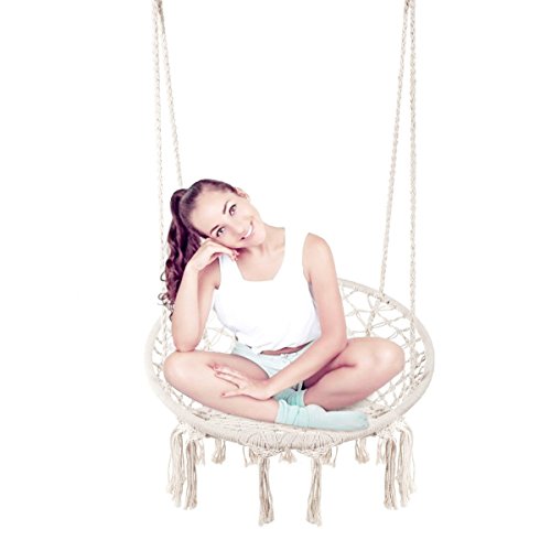 E EVERKING Hammock Chair Macrame Swing, Hanging Cotton Rope Macrame Hammock Swing Chair for Indoor, Outdoor Home, Patio, Porch, Deck, Yard, Garden, Max Weight: 260 Pounds (White) - Thumbnail 5