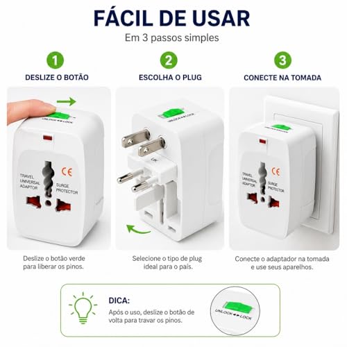 Adaptador de Tomada Universal Internacional - Padrão Mundial para Europa, EUA, UK e Japão - Bivolt com Trava de Segurança