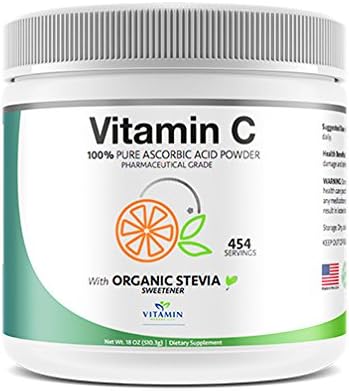 100% Plain Vitamin C/Ascorbic Acid Powder (w/Organic Stevia) to Soften Tartness, 454G, Great Addition to your Favorite Smoothie!