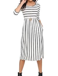 Vestido casual con bolsillo y mangas 3 4, con cintura elástica y diseño de rayas para mujer.