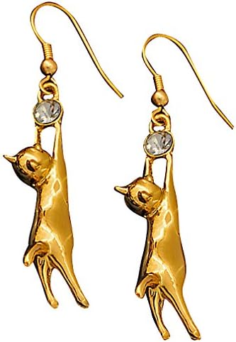 Chico, Women's Trendy 18K Gold Plated Cute Kitty Clear Crystal Zircon CZ Stone Dangle Cat Earrings, Gold