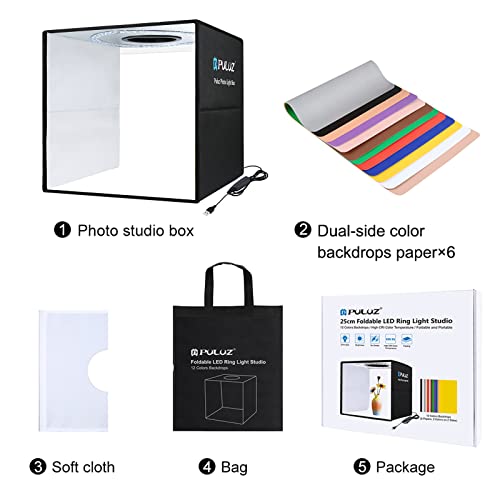 PULUZ 10x10 inch Photo Studio Light Box,Folding Portable Photography Tent Box Small Shooting lightbox CRI≥95 12 Colors Backdrops Mini Light Box Photography for Jewelry Watches Small Item Photography