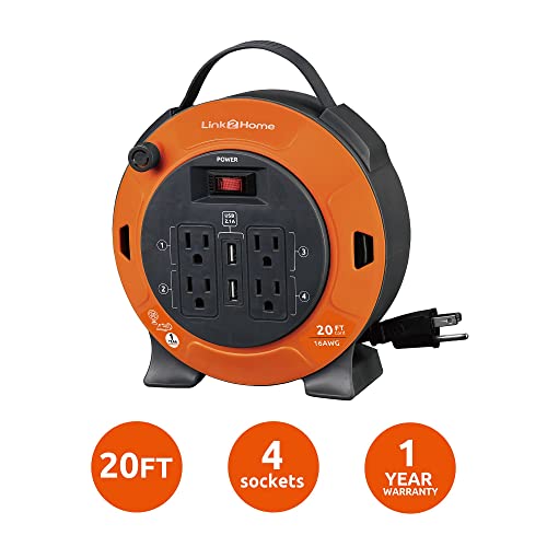 Link2Home Heavy Duty Retractable Extension Cord Reel 20 Ft. With 4