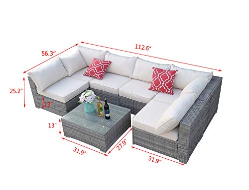Do4U Patio Sofa 7-Piece Set Outdoor Furniture Sectional All-Weather Wicker Rattan Sofa Beige Seat & Back Cushions, Garden Lawn Pool Backyard Outdoor Sofa Wicker Conversation Set (3015-GRY-BEG) - Thumbnail 2