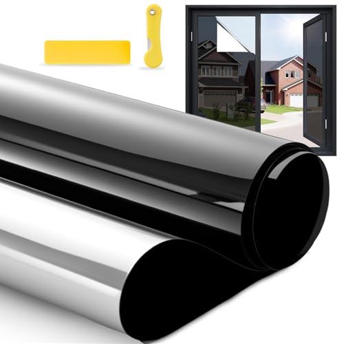 Película de Ventana,Vinil para Ventana Bloquea Calor Anti-UV Protector, Película Aluminio Vidrio Adhesiva Privacidad Espejo Unidireccional para Sala Cocina Oficina Hogar (Negro y Plata, 90X500 CM)