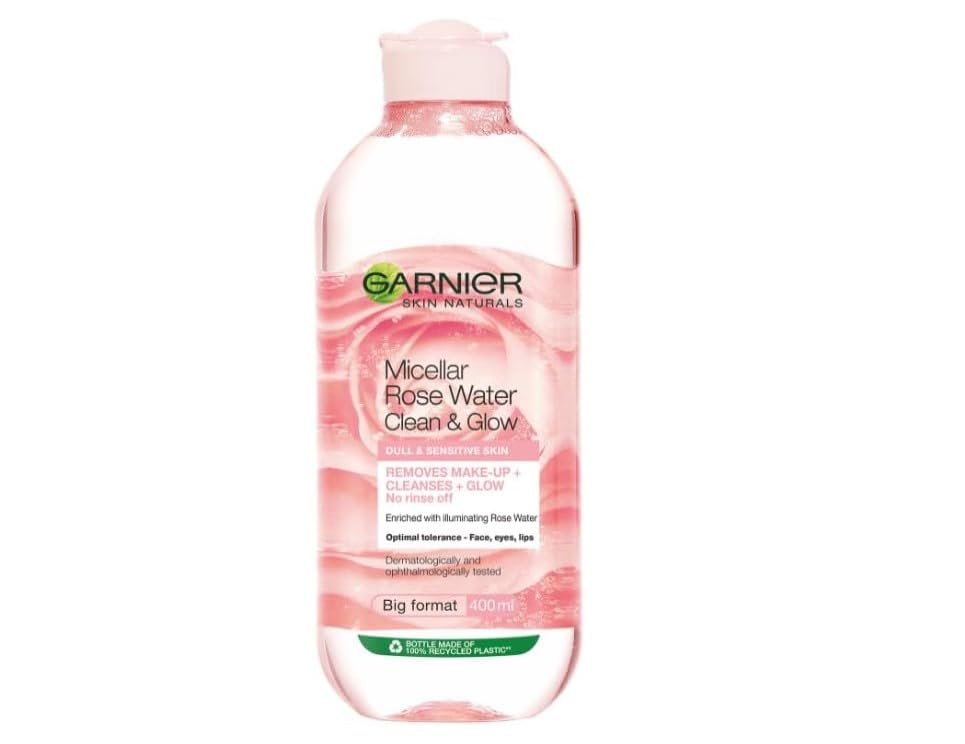 Garnier Micellar Rose Cleansing Water For Dull Skin, Glow Boosting Cleanser and Makeup Remover, Big Format, Optimal Tolerance - Face, Eyes, Lips, 400 ml