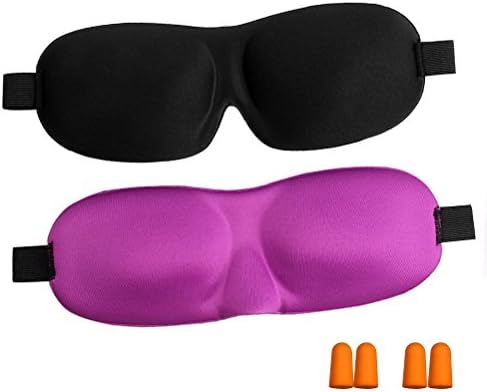 Sleep Mask 2 Pack 3D Contoured Shape Design CoolingTech Soft Sleeping Eyeshade of Men Women Kids Comfortable Blindfold with 2 Ear Plugs for Airplane &amp; Trian Travel Nap Shift Work (BlackPurple)