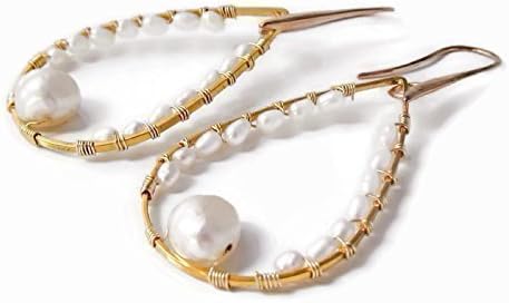 Gold Tone Long Big Modern White Cream Cultured Freshwater Pearl Teardrop Hoop Earrings Artisan Handmade Handcrafted Women's Fashion Wedding Jewelry Gift for Her under 50