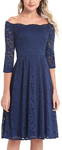 Dresspretty Women's Vintage Floral Lace 3/4 Sleeves Off Shoulder Boat Neck Cocktail Evening Party Swing Dress