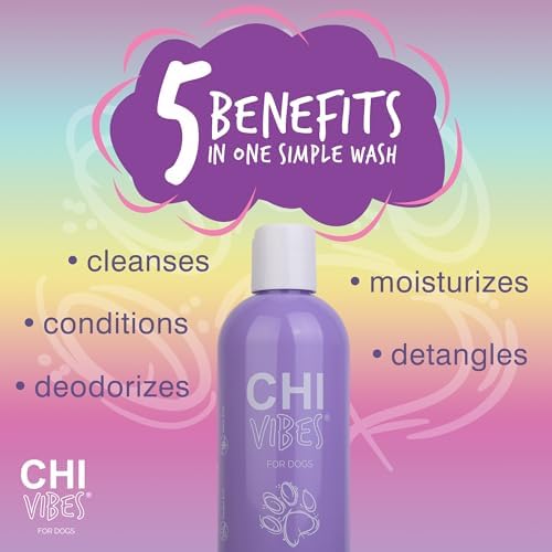 CHI VIBES FOR DOGS 5-IN-1 SHAMPOO & CONDITIONER, CLEANS + DEODORIZES + MOISTURIZES + DETANGLES + HELPS DE-SHED, VEGAN PH BALANCED, GLUTEN & PARABEN FREE, MADE IN USA, 12 FL OZ