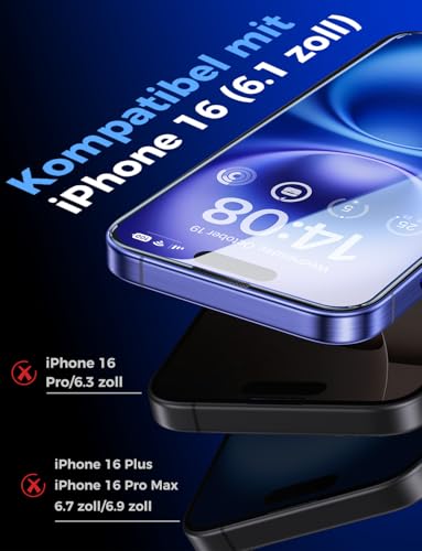 MAGIC JOHN Pack of 2 Protective Glass for iPhone 16 (6.1 Inch), Auto Dust Elimination, 9H Hardness Film, Ultra Clear Screen Protector, Bubble-Free, Easy Installation