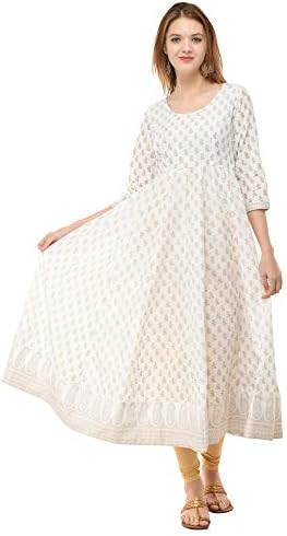 Poshak Women's Gold Print Round Neck, Side Zipper, Cap Sleeves, Ankle Length with 1 Pair of Golden Beautiful Latkan Anarkali