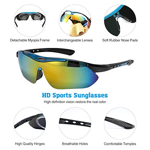 Tancci Sports Cycling Sunglasses, Bicycle Glasses with 5 Interchangeable Lenses-Ergonomic with Reducing Harmful UVA & UVB Rays for Men&Women Running/Golf/Fishing/Cycling/Outdoor Sports(Blue)