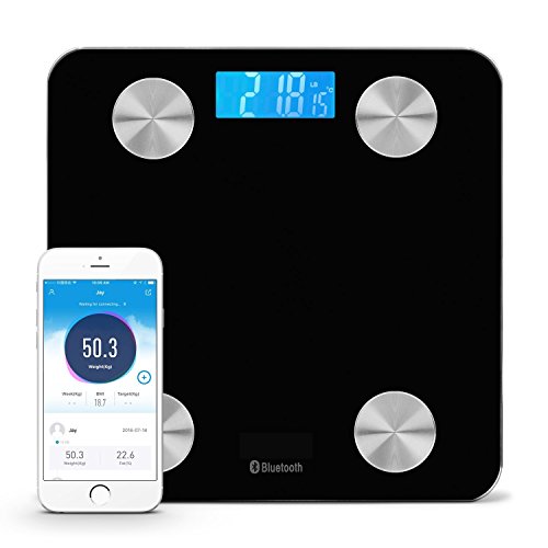 Bluetooth Smart Body Scale with IOS and Android App Wireless Digital Bathroom Scale for Body weight, Body Fat, Water, Muscle Mass, BMI, Calorie, Bone Mass and Visceral Fat, Black color, Temptuare