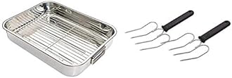KitchenCraft Large Stainless Steel Roasting Tin with Rack, 43 x 31 cm (17" x 12") & Meat and Poultry Lifting Forks, 22 x 9 cm (Set of 2)