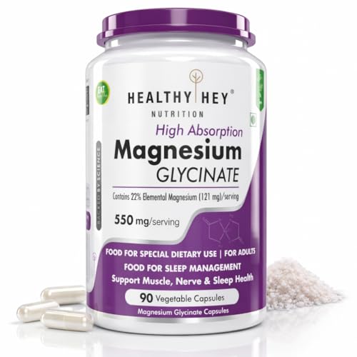 HealthyHey Nutrition Magnesium Glycinate High Absorption for Sleep, Cramps, & Nerves Health - 90 Vegetable Capsules
