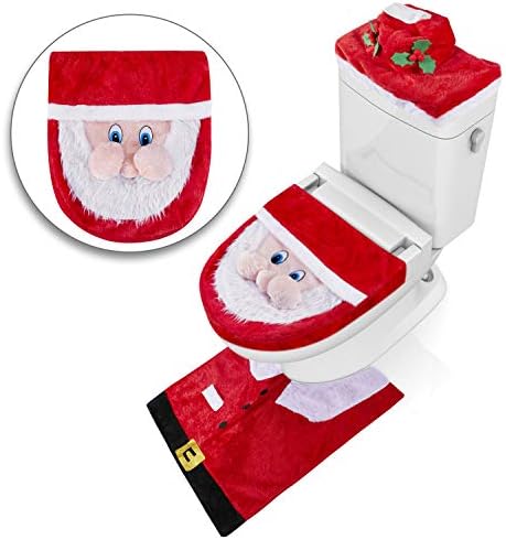 iYoYo 2018 Newest Christmas Happy 3D-Nose Santa Christmas Toilet Seat Cover and Rug Set, Tank Cover with Tissue Box 3 Piece Set, Christmas Bathroom Decoration Decor