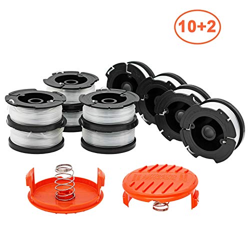 Lemige 10 Pack Weed Eater Replacement Spools for Black&Decker AF-100 String Trimmer Spools Refills Line 30ft 0.065" + 2 Pack RC-100-P Spool Cap Covers&Springs (10 Spools+ 2 Caps+2 Springs)