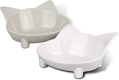 Comsmart 2 Pack Cat Bowls Anti Slip Food Water Shaped White Grey