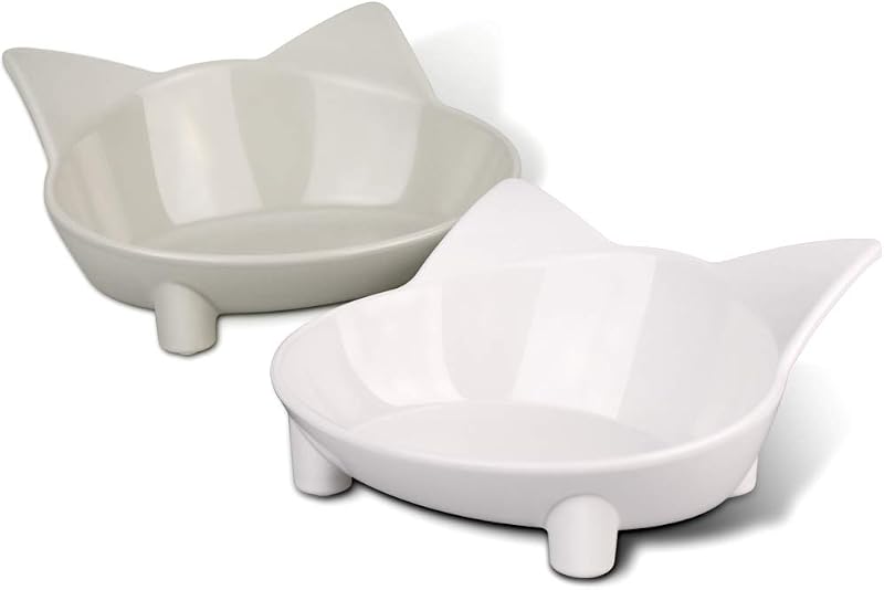 Comsmart 2 Pack Cat Bowls Anti Slip Food Water Shaped White Grey