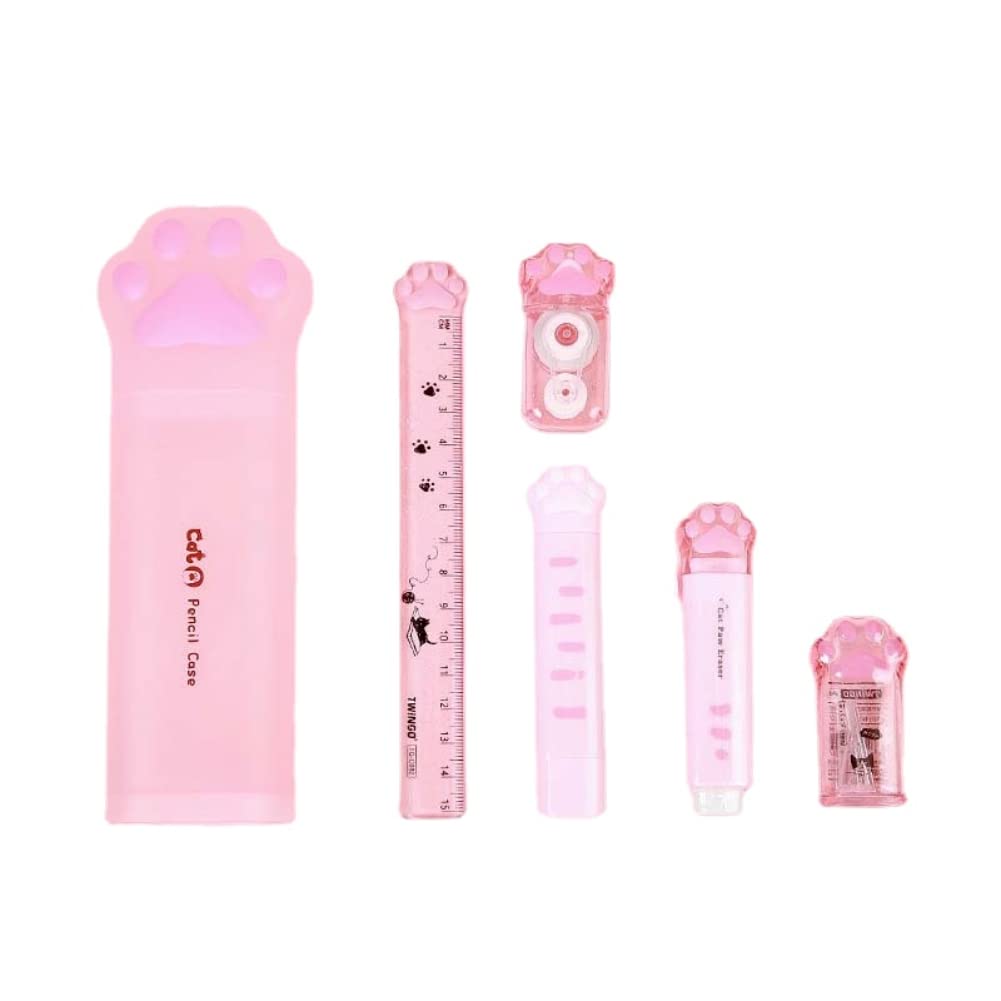 Cute Cat Paw Pink Pencil Case with Eraser Sharpener Correction Tape for Girls Stationary Secondary School Large Capacity