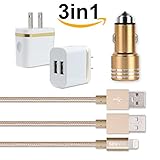 3in1 SEGMOI [Apple MFi Certified] Lightning Charger Cable 3ft/1M Nylon Braided Cord + Dual USB Wall Adapter + Aluminum Dual Ports Car Charger for iPhone 5 5s SE 6 6S 6Plus (White-Gold Kit)