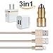 3in1 SEGMOI [Apple MFi Certified] Lightning Charger Cable 3ft/1M Nylon Braided Cord + Dual USB Wall Adapter + Aluminum Dual Ports Car Charger for iPhone 5 5s SE 6 6S 6Plus (White-Gold Kit)