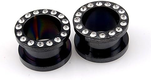 Black Screw-on CZ Ear Plugs Rhinestone Tunnels 2pcs 12mm