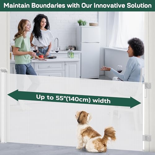 Retractable Stair Gate Extend up to 55” wide, 33.86” Tall with Drilling and Non-Drilling Accessories, Baby Gate One Handed Silent Operation Grey Dog Gate for Stairways/Indoor/Outdoor (White)