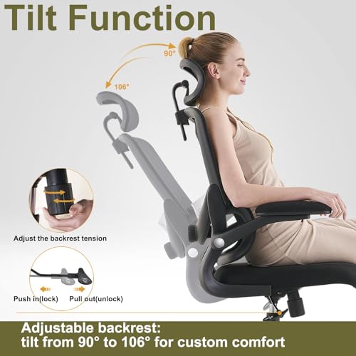 TONFARY Ergonomic Home Office Chair, High Back Mesh Desk Chair with Adjustable Lumbar Support, Flip-up Armrest, Removable Headrest, Swivel Computer Gaming Chair, Space Saving, 150KG (Black)