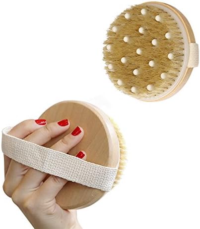 1 PCS Bath Body Brushes - Round Wooden Natural Bristle Dry Wet Shower Brush for Dry Skin Brushing, Shower and Bath, an Essential for Cellulite Reduction, Skin Exfoliation