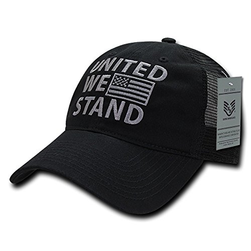 Soft Fit American Flag Embroidered Cotton Trucker Mesh Back Cap - United We Stand Black