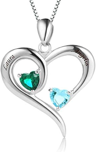 Sterling Silver Personalized 2 Names Necklace with 2 Heart Simulated Birthstone Couple Personalized Meaningful Pendant Necklace for Women