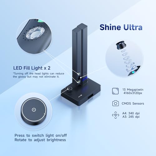 CZUR 13MP A3 Document Scanner for Portable Books, 340-245 dpi, SuperSpeed Scanning, OCR 180+ Language, for Office, School, Library, Compatible with Windows and macOS (Shine Ultra)