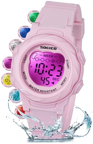 SOCICO Kids Digital Watches for Girls Boys, 5ATM Waterproof, 7 Color Lights Waterproof Watches for Kid with Alarm Stopwatch, Soft Band Wrist Watch Christmas Gifts for Kids Ages 5-12