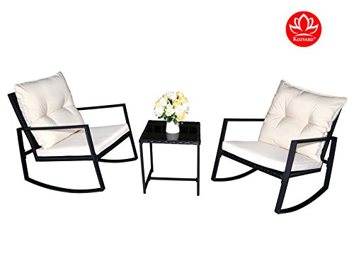 Moana Outdoor 3-piece Rocking Wicker Bistro Set, Two Chairs and One Glass Coffee Table, Black Wi ...