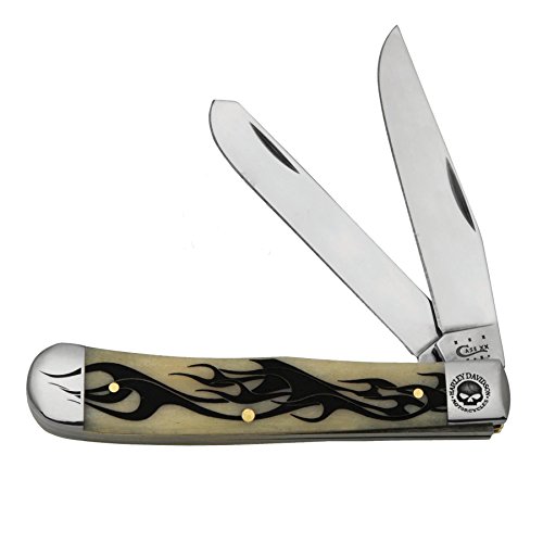 Harley-Davidson Trapper Willie G Skull & Flames 6254 SS with Smooth Natural Bone Handle Knife by Cas