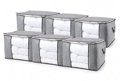 Kit 6 Caixas Organizadoras Dobráveis Multiuso com Zíper, Bolsa Organizadora para Edredom, Visor Transparente e Alças, Roupas de Cama, Cobertores, Closet e Guarda-Roupa - Marca Bigzu