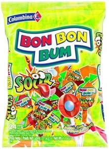 BON BON BUM COLOMBINA BUBBLE GUM FILLED LOLLIPOPS SOUR ASSORTED FLAVORS 24 UNITS