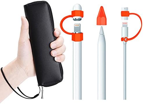 Pu Leather Case Holder Cover bag for Apple Pencil + Soft Silicone Cap Holder Nib Cover Lightning Cable Adapter Tether for Apple Pencil iPad Pro iPad 2018 (6th Generation) Pencil Anti-scratch